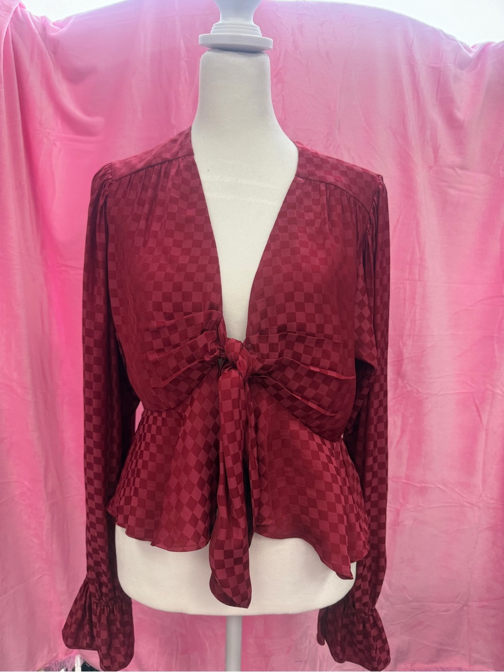 Wayf Burgundy Tie-Front Check Satin Blouse